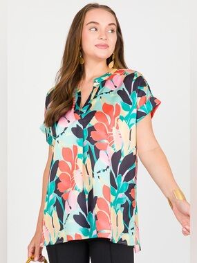 Jodifl Tropical Floral Tunic Blouse L Flowy V Neck Boho Top